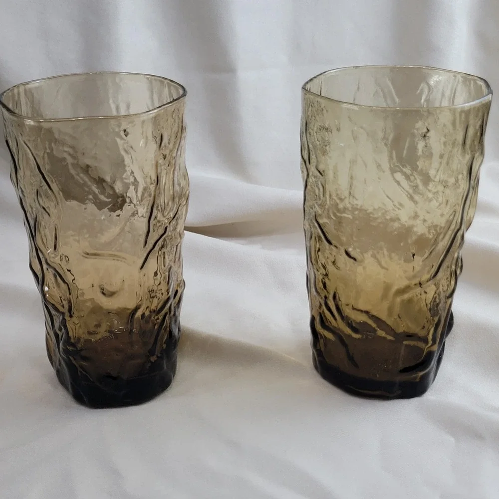 2 Libbey Bark Textured Driftwood Water Glass Tumblers Cup Brown Amber MCM